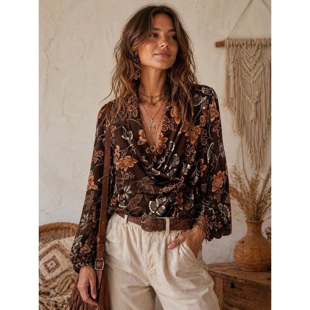 Brown Floral Boho Earth Tone Blouse Sheer Sleeves V-Neck Elastic Cuffs Sz M